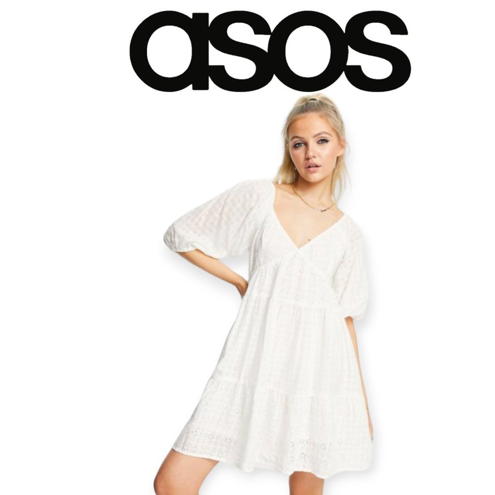 ASOS Mixed Broderie Tiered Mini Babydoll Dress | White | sz 6 | Cotton | Summer